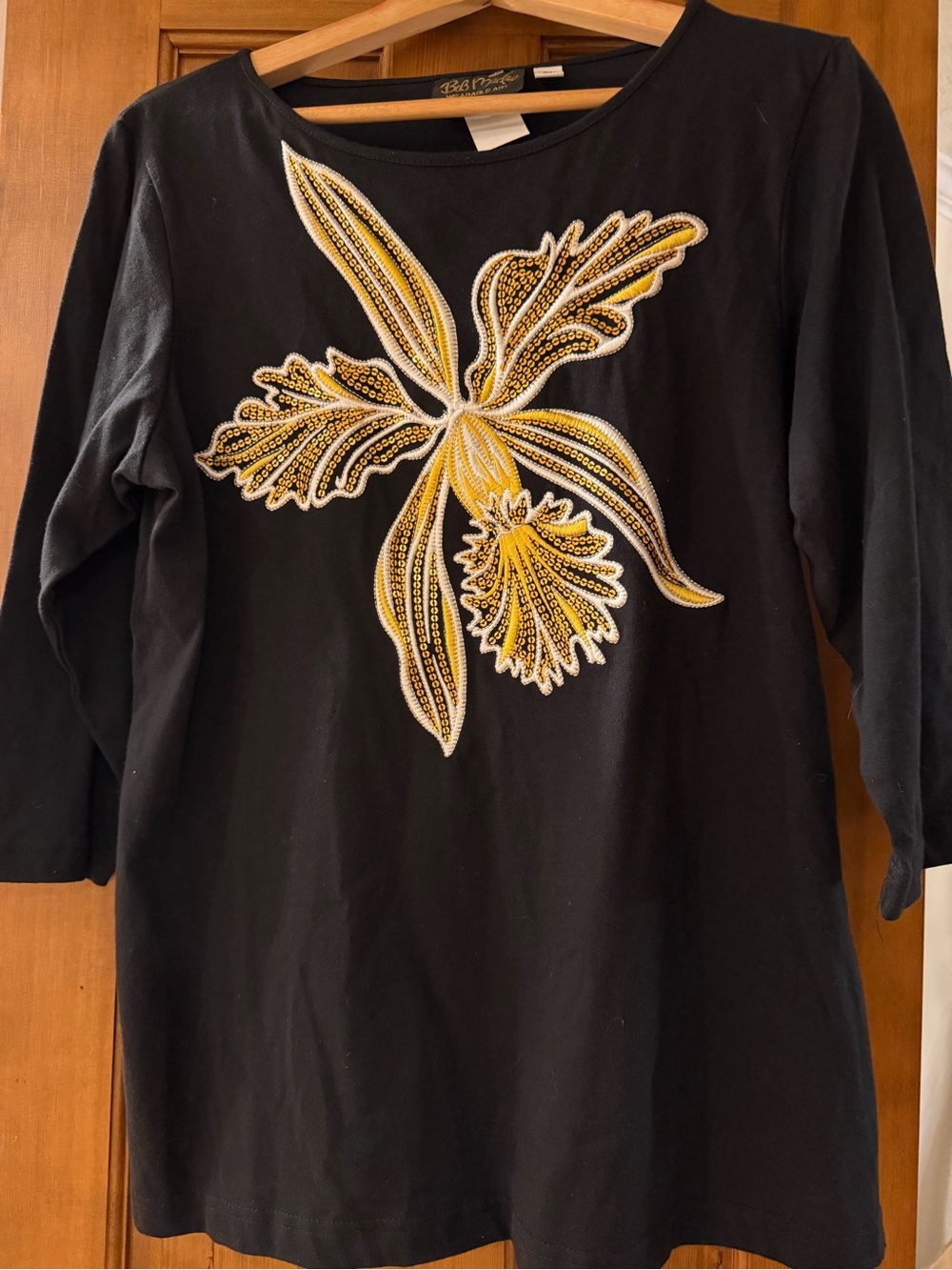 Bob Mackie Black Long-Sleeve Top with Yellow Floral Sequin Embellishment